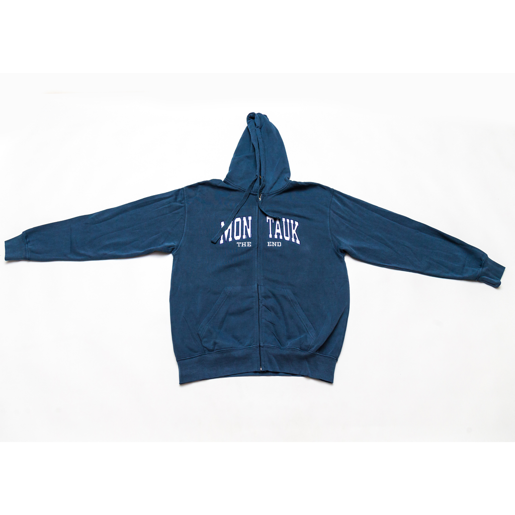Adult Montauk The End Embroidered Traditional Zip-Up Hoodie in Dark Blue.