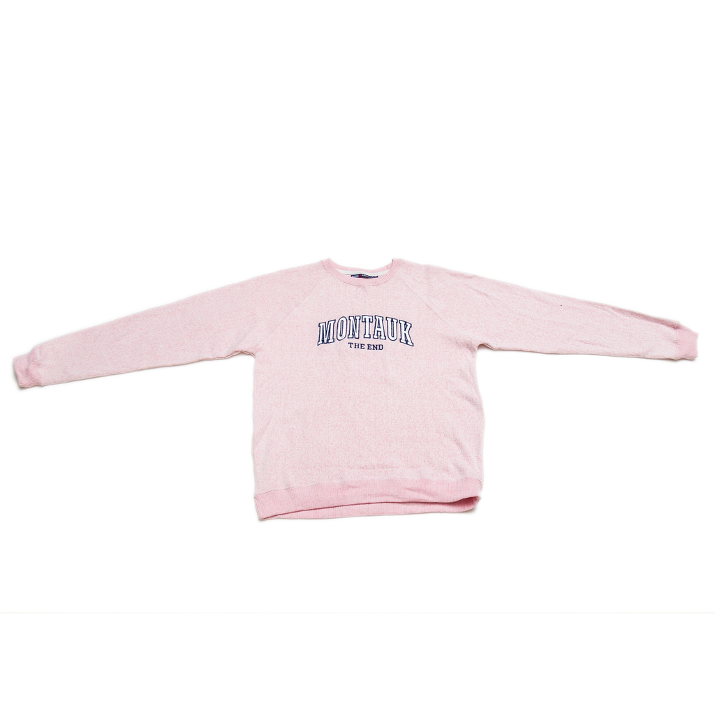Adult Montauk The End Embroidered Nantucket Crewneck in Pink Rose.