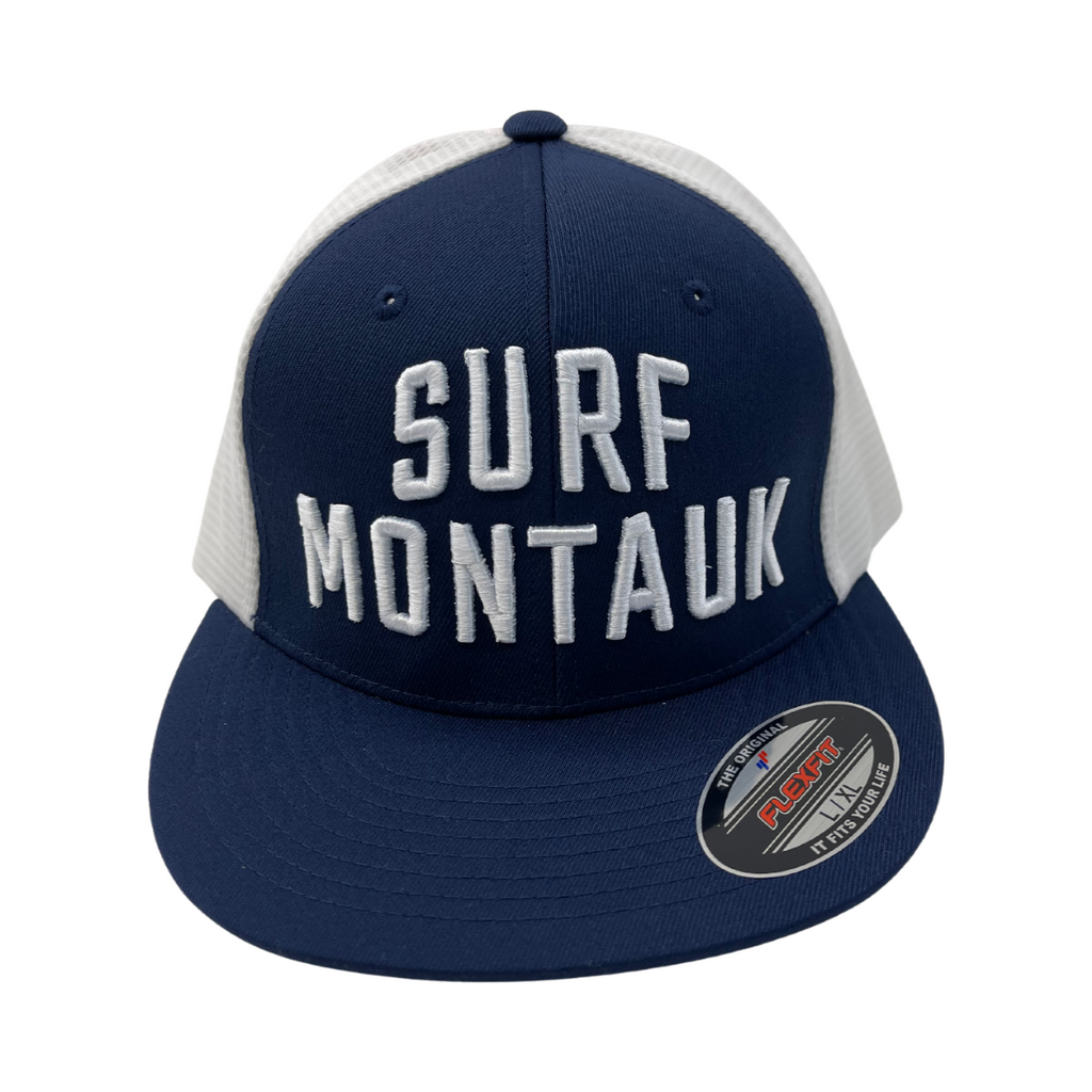 Surf Montauk Embroidered Trucker Hat in Blue and White